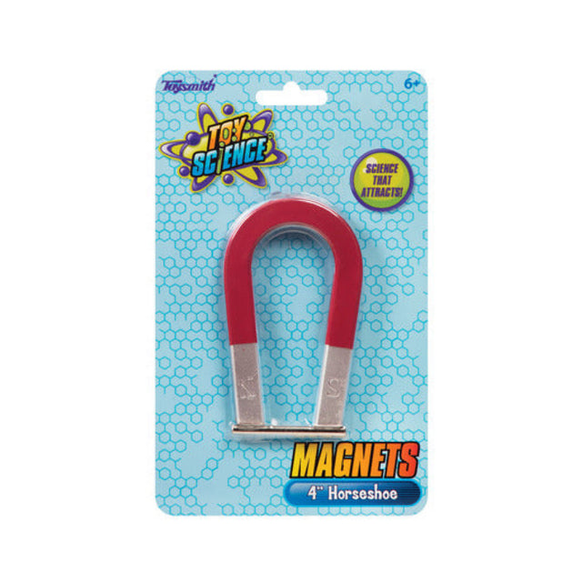 Metal Horseshoe Magnet in red and silver, 4-inch size, perfect for fun science experiments for kids 6 and up.