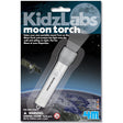 Moon Torch Light projecting moon image, portable torch for kids, safe materials, includes button batteries, ages 5 and up.