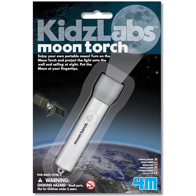 Moon Torch Light projecting moon image, portable torch for kids, safe materials, includes button batteries, ages 5 and up.