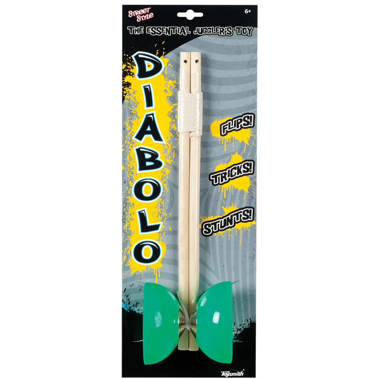 Diabolo toy with green spool and wooden sticks for flips, tricks, and stunts, suitable for ages 6 and up.