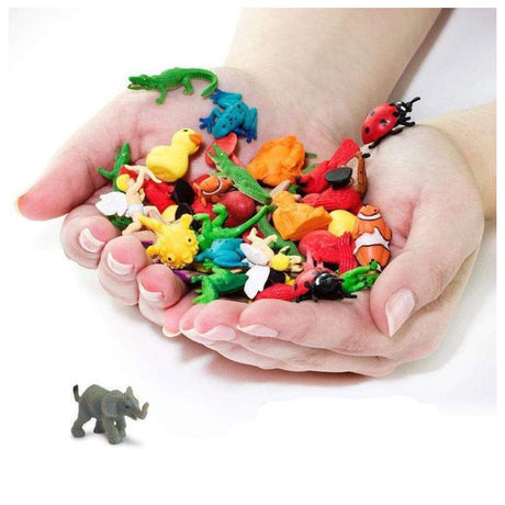 Mini Animal pocket-sized colorful figures held in hands, perfect for crafts and good luck keepsakes.