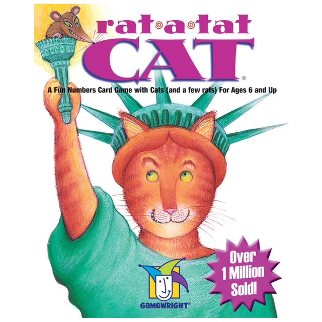 Rat-A-Tat Cat game box showing a cat dressed as Statue of Liberty with playful rat on torch, for ages 6 and up.