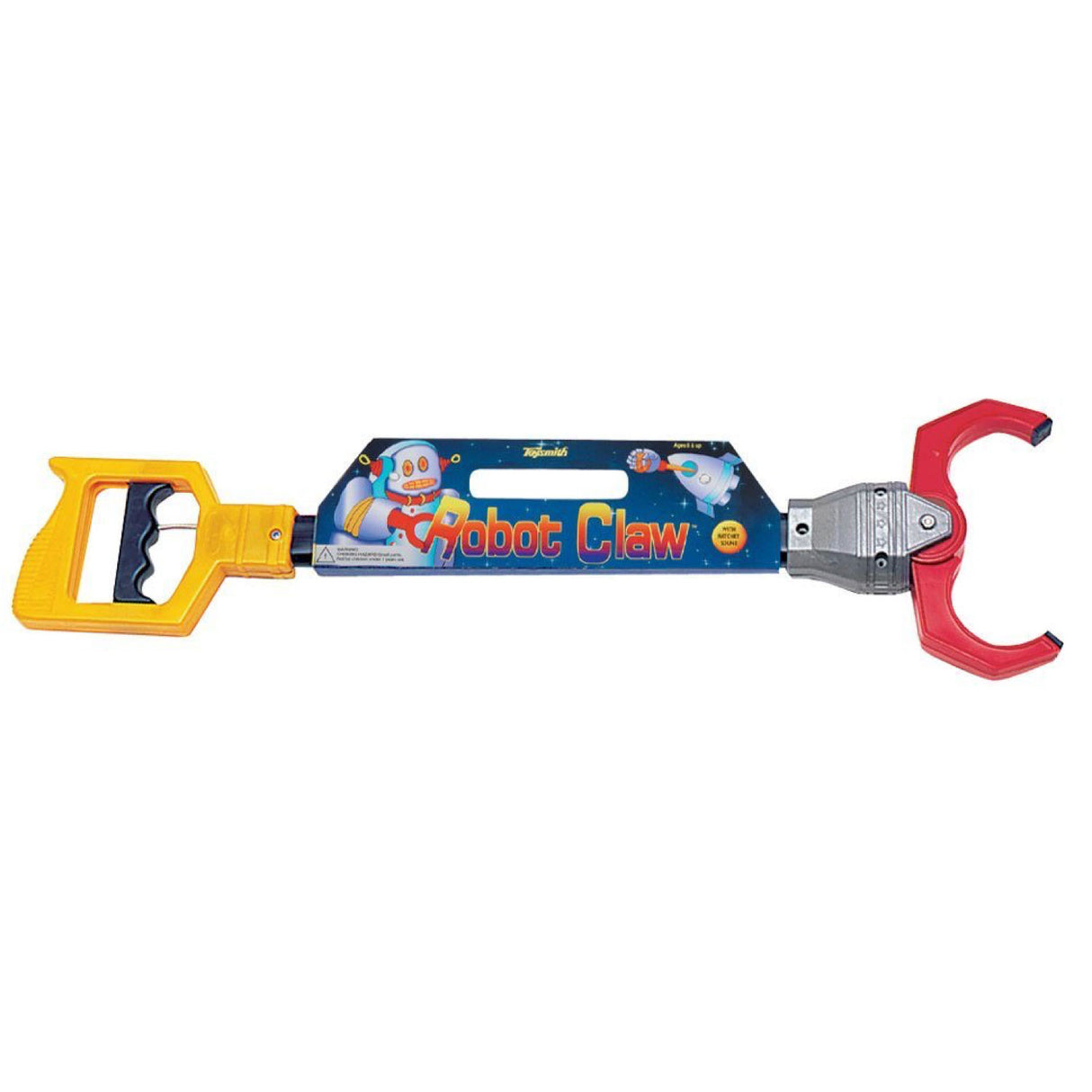 Robot Claw toy with yellow handle and red claw, makes ratchet sound, reaches 18 inches for kids 5 and up.