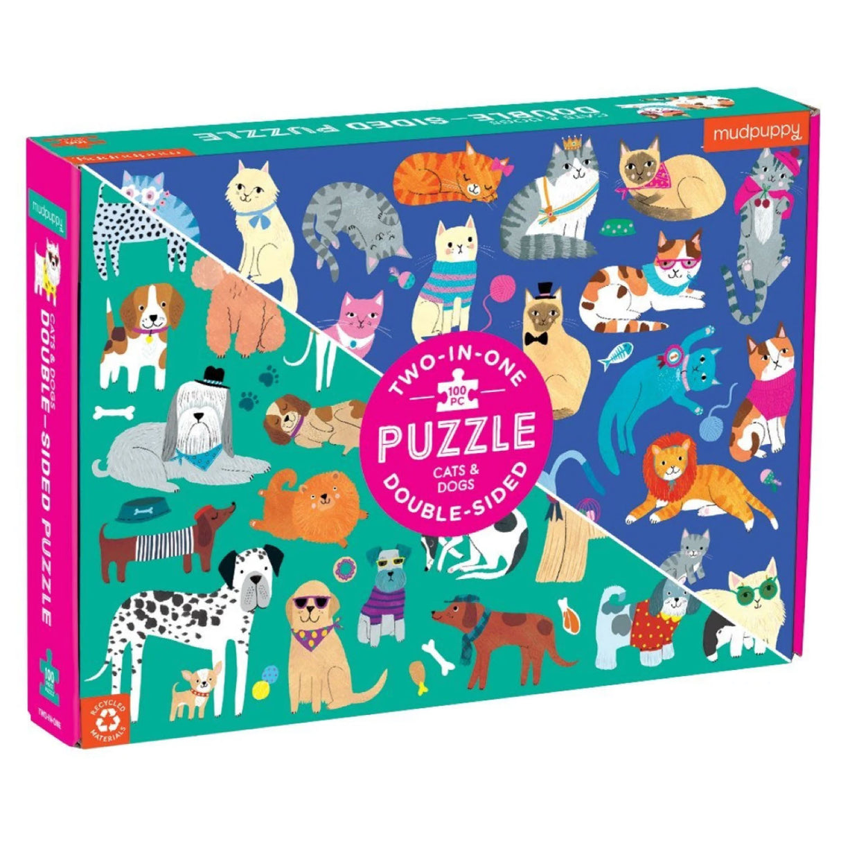 100pc Cats & Dogs Doublesided Puzzle box showing colorful illustrations of cats and dogs on both sides