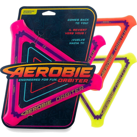 Boomerang Aerobie Orbiter in bright colors with unique triangle shape for secure grip and easy catching fun.
