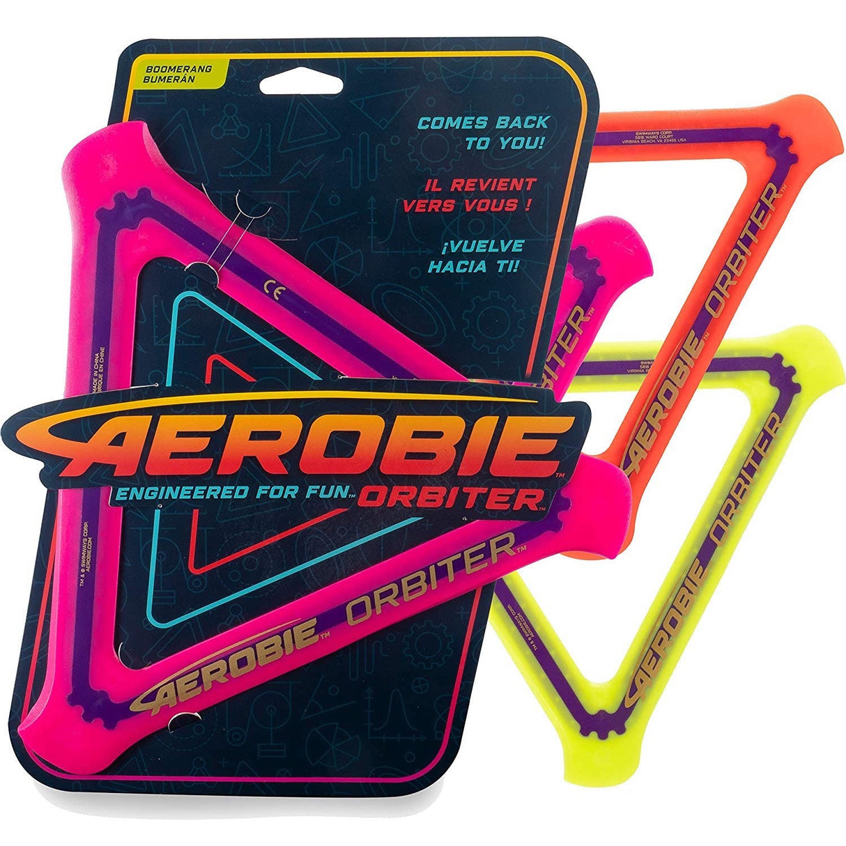 Boomerang Aerobie Orbiter in bright colors with unique triangle shape for secure grip and easy catching fun.