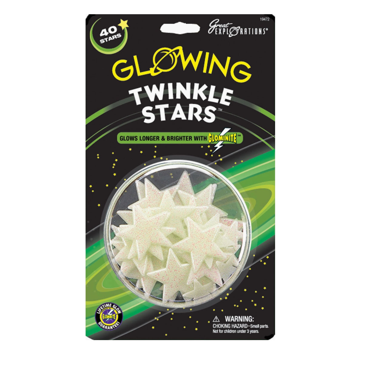 Glow Stars Twinkle glowing stars set with 40 pieces, glows longer and brighter for room decoration.