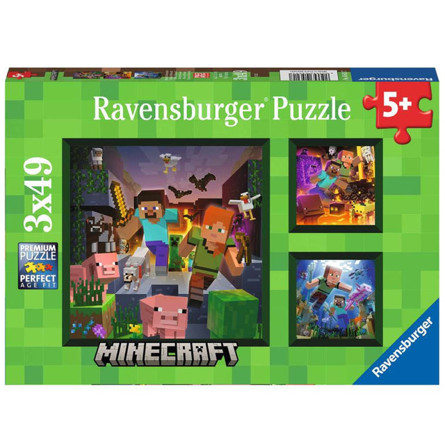 49pc Minecraft Biomes Puzzles featuring Steve and Alex exploring Minecraft worlds in a fun, blocky style for ages 5+.