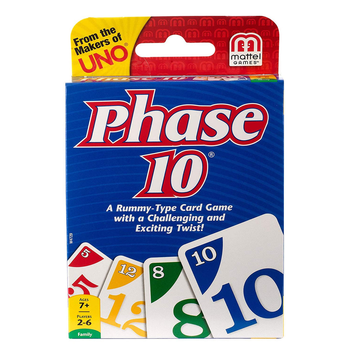 Phase 10 card game box showing colorful numbered cards, a rummy-type game for 2-6 players ages 7 and up.