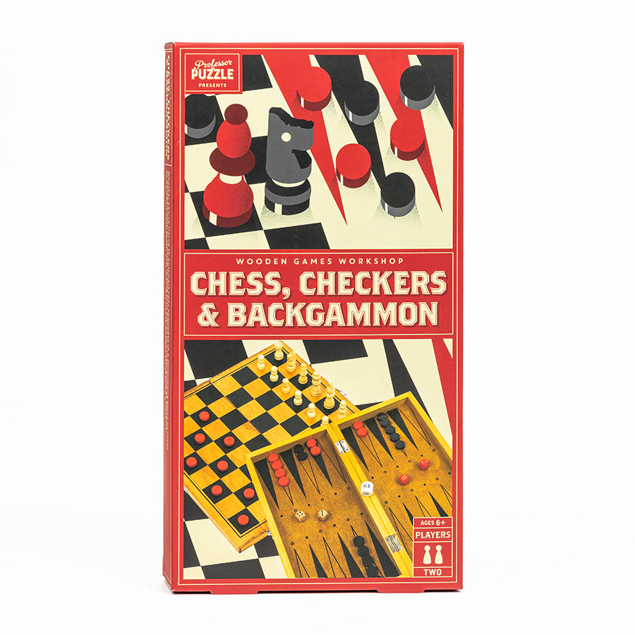 Chess Checkers & Backgammon wooden board game set packaging showing classic game pieces and reversible board.