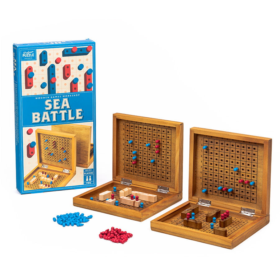 Sea Battle wooden board game with two player grids, red and blue ships and pegs for strategic battles.