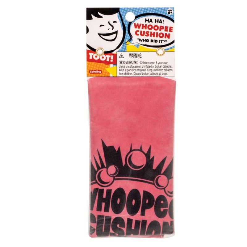 Whoopee Cushion prank toy in original packaging, red color with classic tooting sound for fun and jokes.