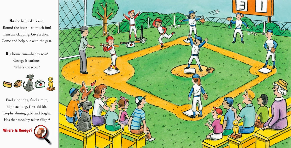 Where is Curious George? Look & Find Around the Town shows a lively baseball game with players and cheering crowd.