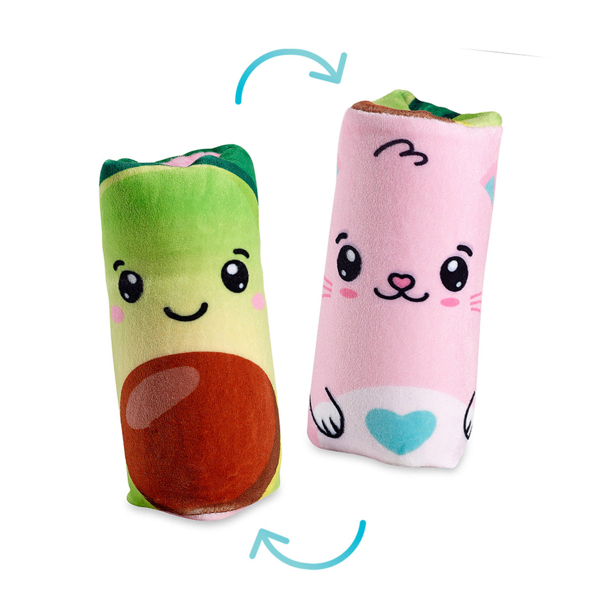 Two Flippin' Cute Water Wiggler reversible plush fidget toy showing avocado and pink cat characters.