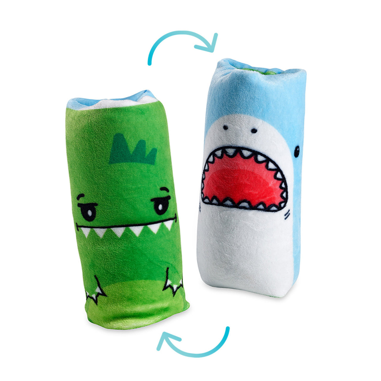 Two Flippin' Cute Water Wiggler reversible plush fidget toy showing green monster and blue shark characters.