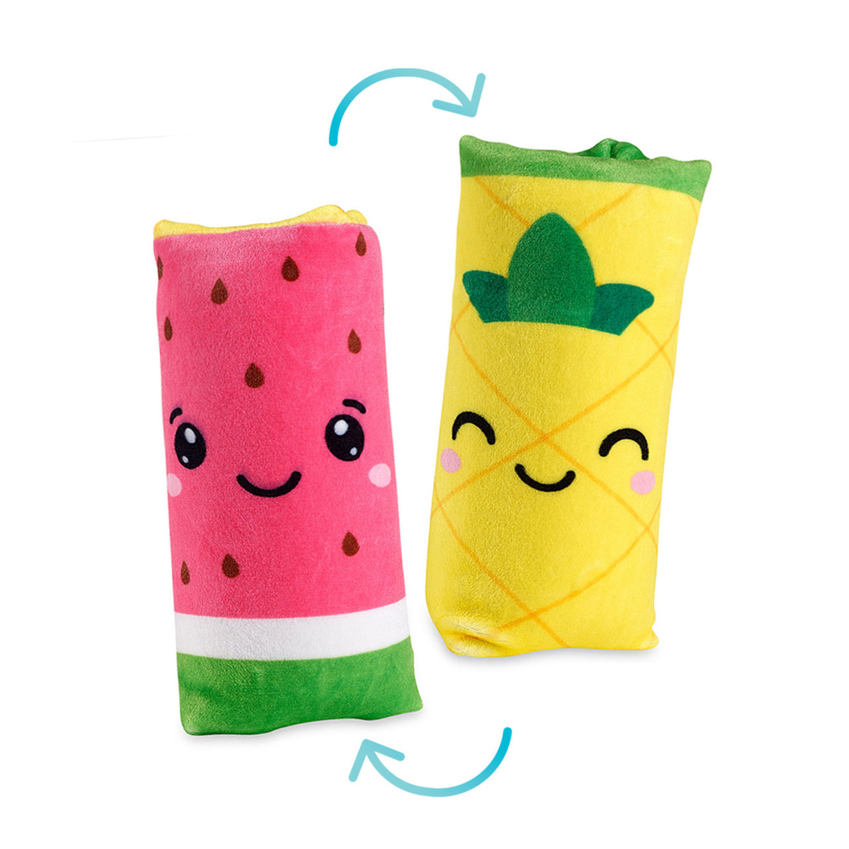 Two Flippin' Cute Water Wiggler reversible plush toy with smiling watermelon and pineapple characters, perfect for fidgeting.