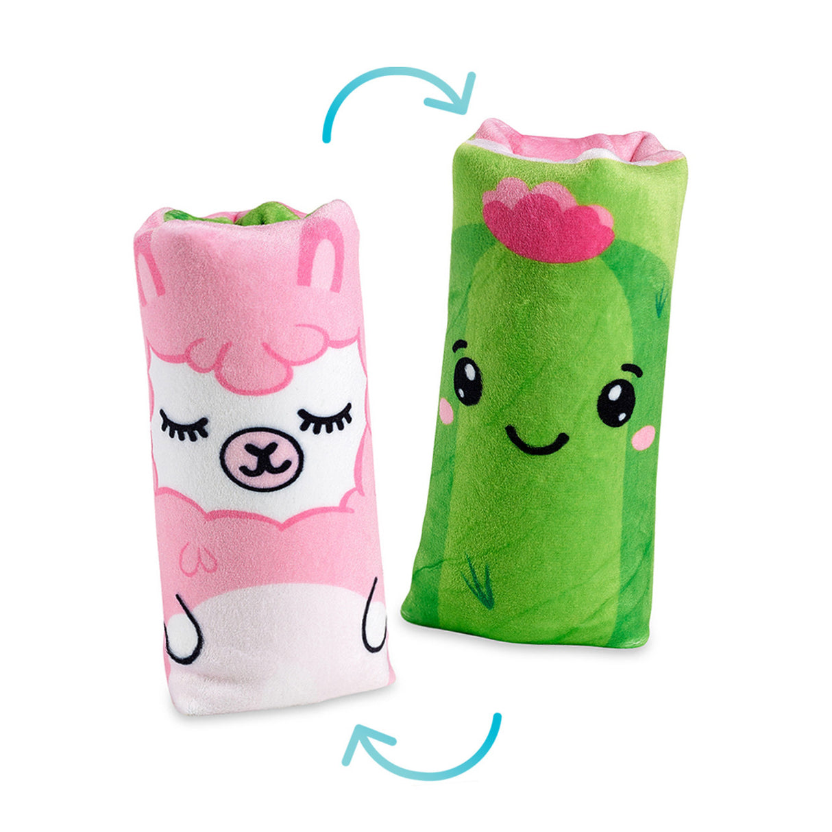 Two Flippin' Cute Water Wiggler reversible plush toy with pink llama and green cactus characters.