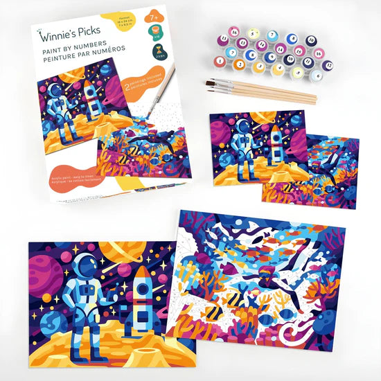 Paint by Number Astronaut & Maritime World kit with brushes, numbered canvas, and colorful paints for kids ages 7 and up.
