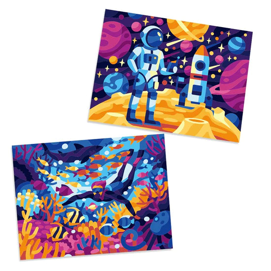 Paint by Number Astronaut & Maritime World showing colorful space and underwater scenes for kids to paint.