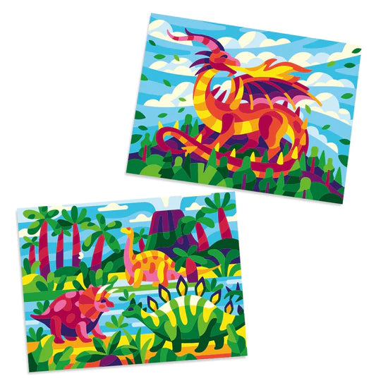 Paint by Number Dino & Dragon kit with colorful dinosaur and dragon canvases for creative painting fun.