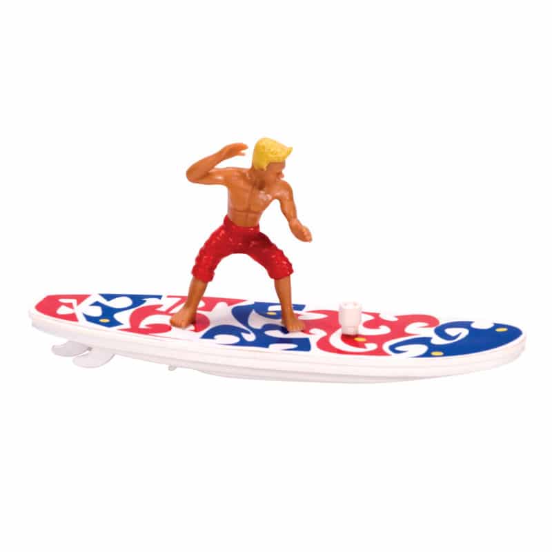 Wind-Up Surfer toy with blond surfer in red shorts on colorful surfboard, perfect for pool or bath play.