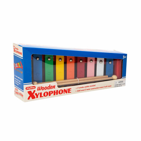 Colorful wooden xylophone with 8 metal keys and 2 wooden mallets, designed for children ages 3 and up.