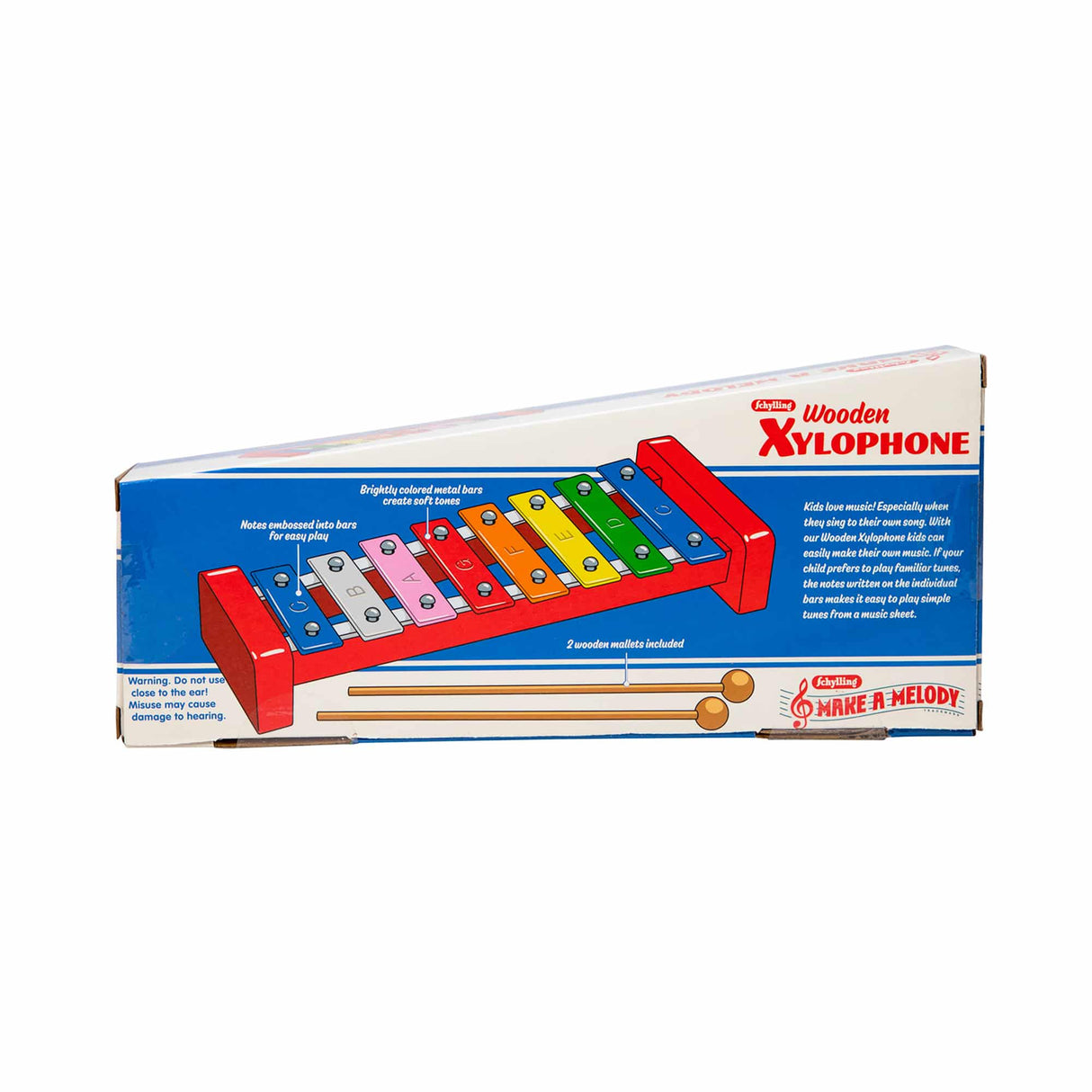 Wooden Xylophone with 8 brightly colored metal keys and 2 wooden mallets for soft, clear musical tones.