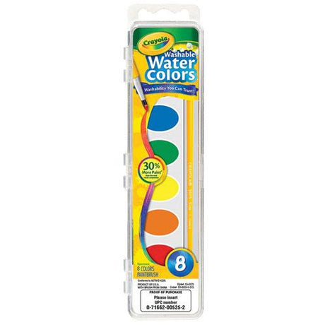 Watercolors set with 8 vibrant washable paints and paintbrush in clear plastic case for kids creative fun and easy clean-up.