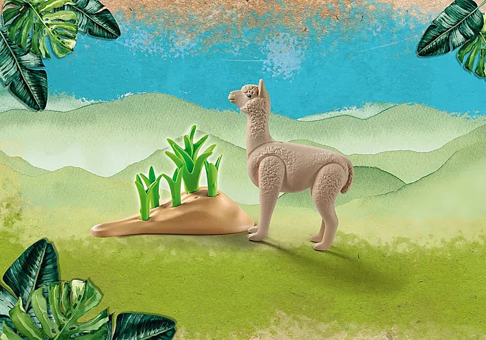 Wiltopia Alpaca toy figure munching leaves with eco-friendly design and collectible card for AR animal adventures.