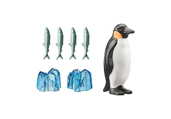 Wiltopia Emperor Penguin set with collectible penguin figure, four fish, ice accessories, and animal card for AR learning.