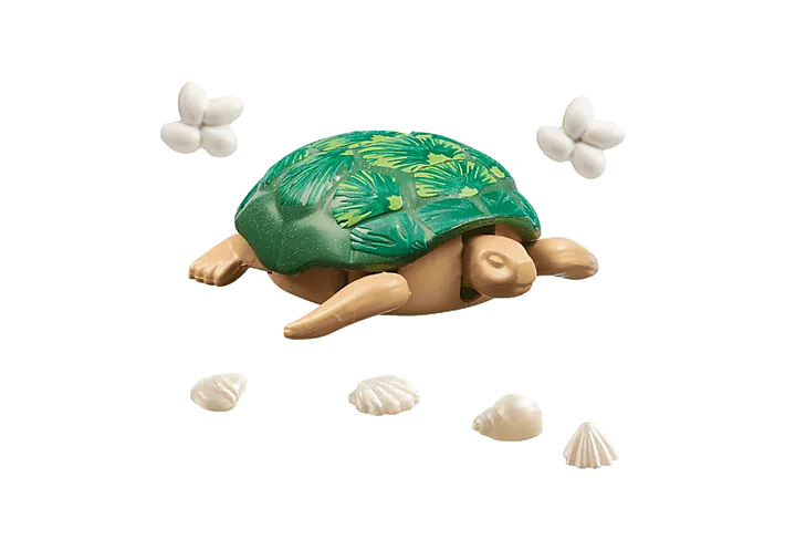 Wiltopia Giant Turtle toy with green shell, beige body, surrounded by shells and two white butterflies for kids.