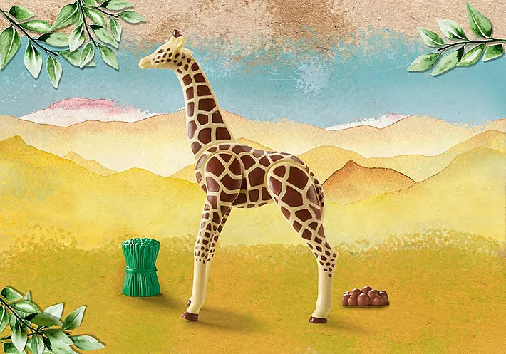 Wiltopia Giraffe toy figure standing in a painted savannah scene with foliage and distant hills background.