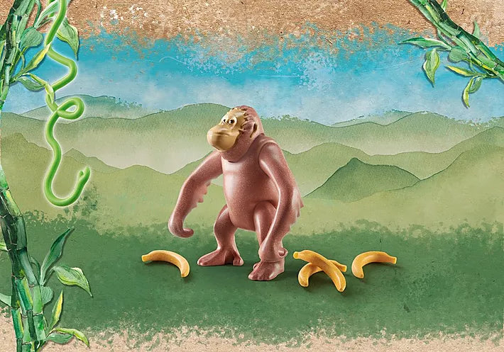 Wiltopia Orangutan figure with bananas against a jungle background, perfect for imaginative play and eco-friendly fun.