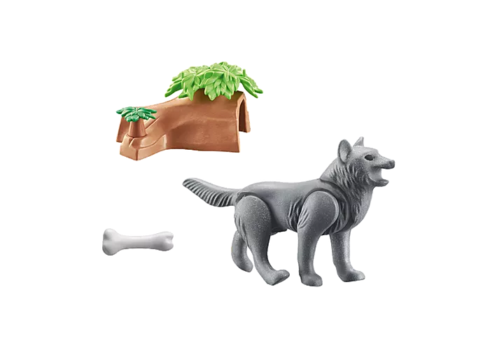 Wiltopia Wolf toy figure with bone and forest accessory for interactive animal learning and play.