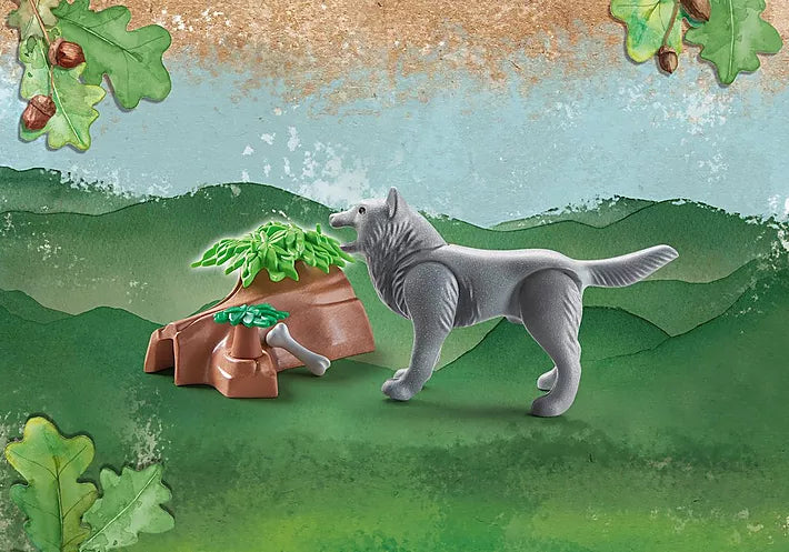 Wiltopia Wolf figure with natural habitat accessories against a scenic outdoor background for kids' eco-friendly play.