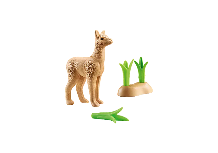 Wiltopia Baby Alpaca toy figure with green plants accessory for interactive and eco-friendly play.