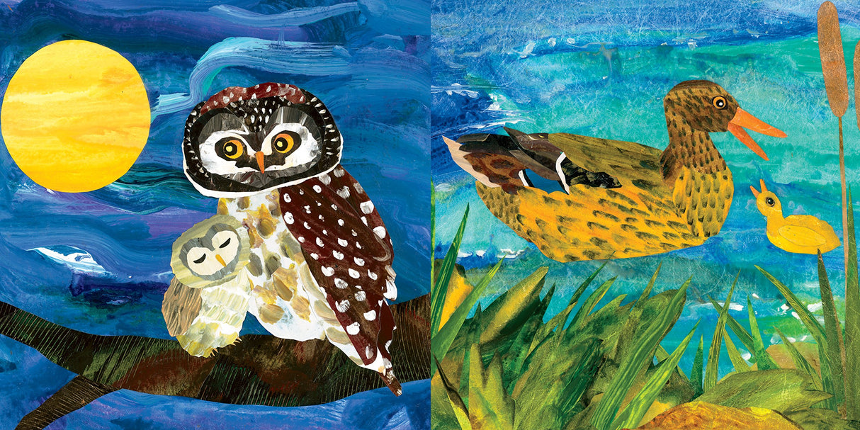 Indestructibles: Mama and Baby shows colorful mama and baby animals, an owl and duck, in a vibrant natural setting.