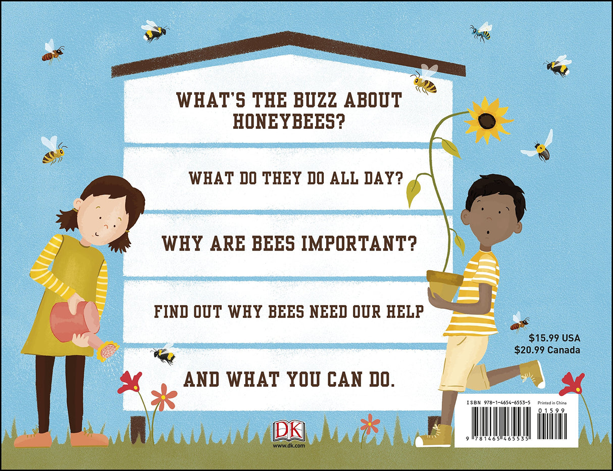 Back cover of The Bee Book showing kids watering plants and questions about honeybees and their importance.