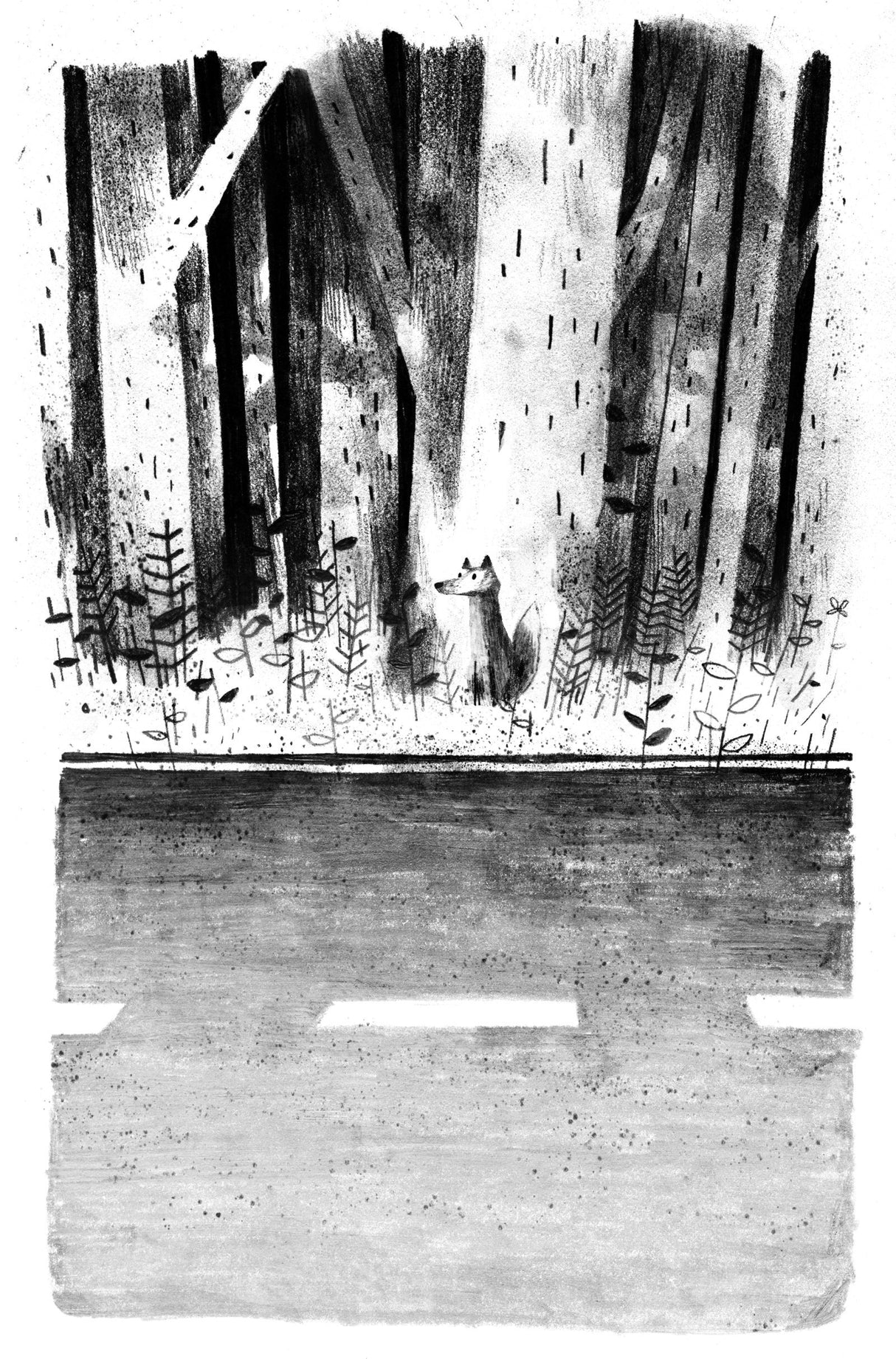 Black and white illustration of a fox in the forest from the book Pax by Sara Pennypacker.