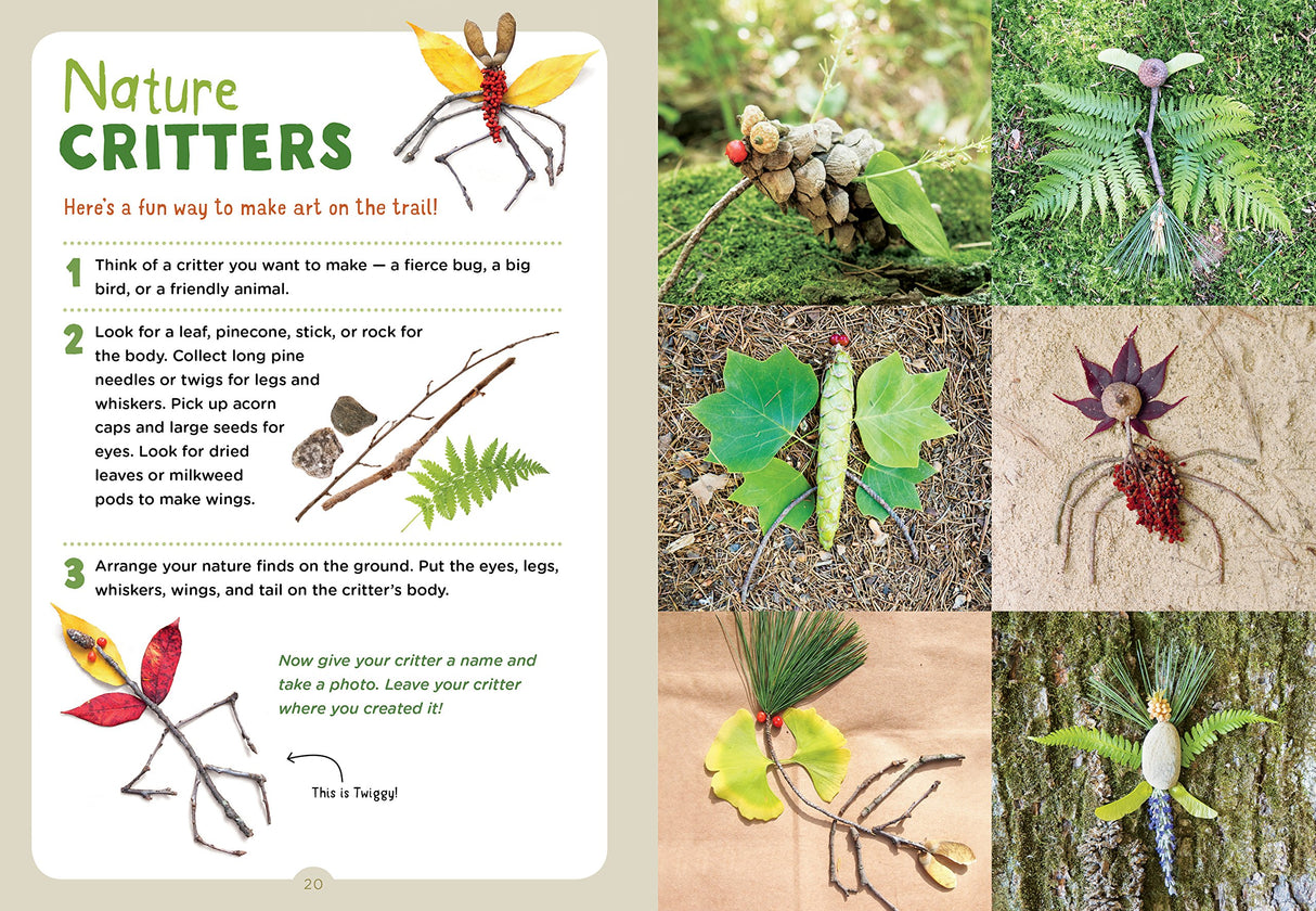 Backpack Explorer: On the Nature Trail showing kids' nature critter art made with leaves, twigs, and natural materials.