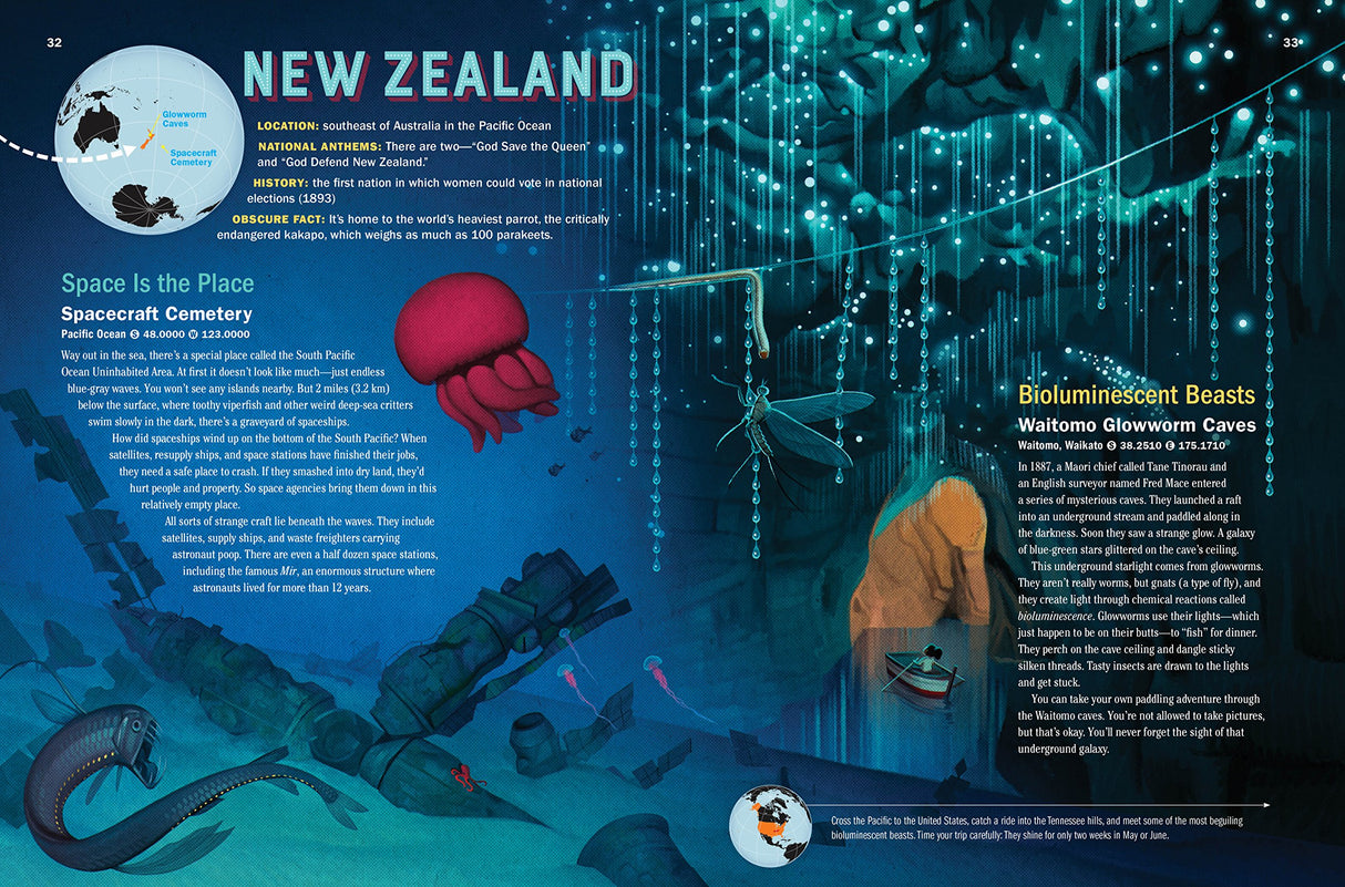 Atlas Obscura Explorer's Guide for the World's Most Adventurous Kid showing bioluminescent caves and space-themed facts about New Zealand.