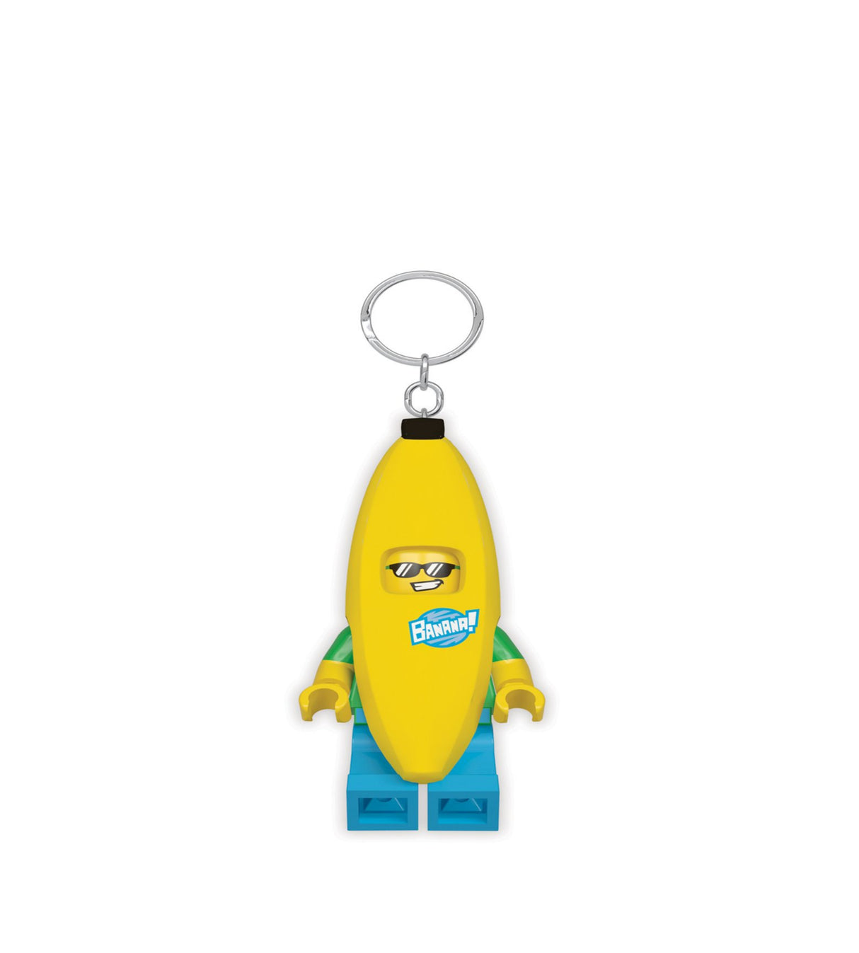 Lego KeyLight Banana Guy with silicone banana cover, articulating arms, and key ring attached for easy carrying.