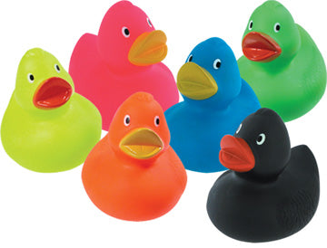 Colorful Rubber Duck set featuring six multi-colored bath toys in yellow, pink, orange, blue, green, and black.