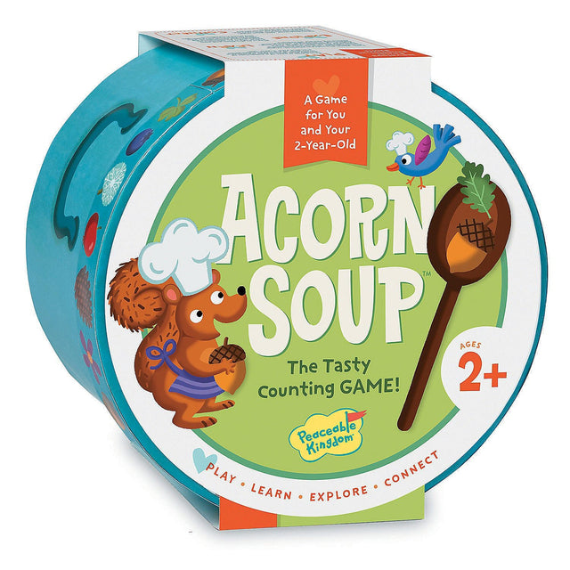 Acorn Soup game box with playful bear illustration, wooden spoon, and emphasis on counting for ages 2 and up.