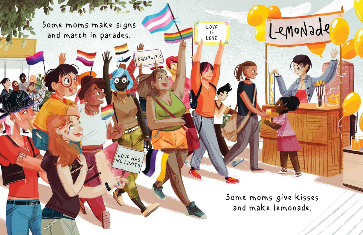 All Moms picture book illustration shows moms marching with signs and sharing lemonade at a parade celebrating love and equality.