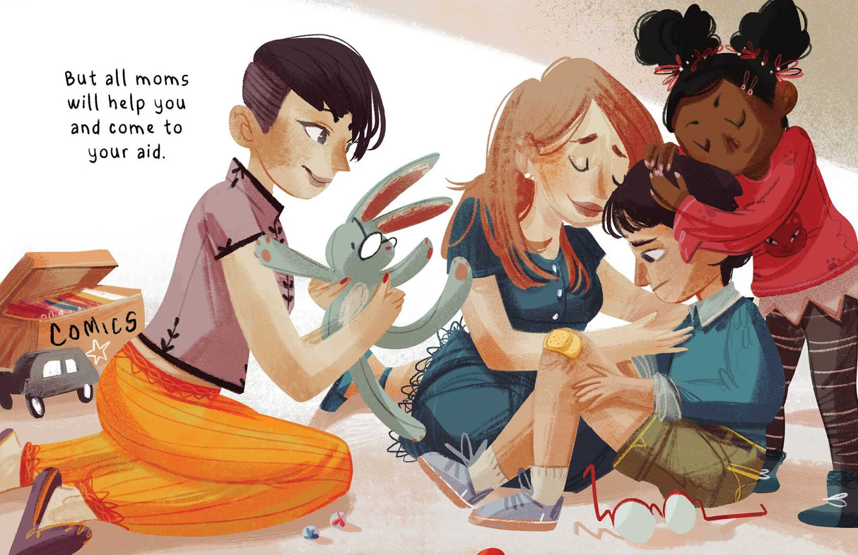 All Moms picture book illustration showing diverse moms caring for and supporting children with love and kindness.