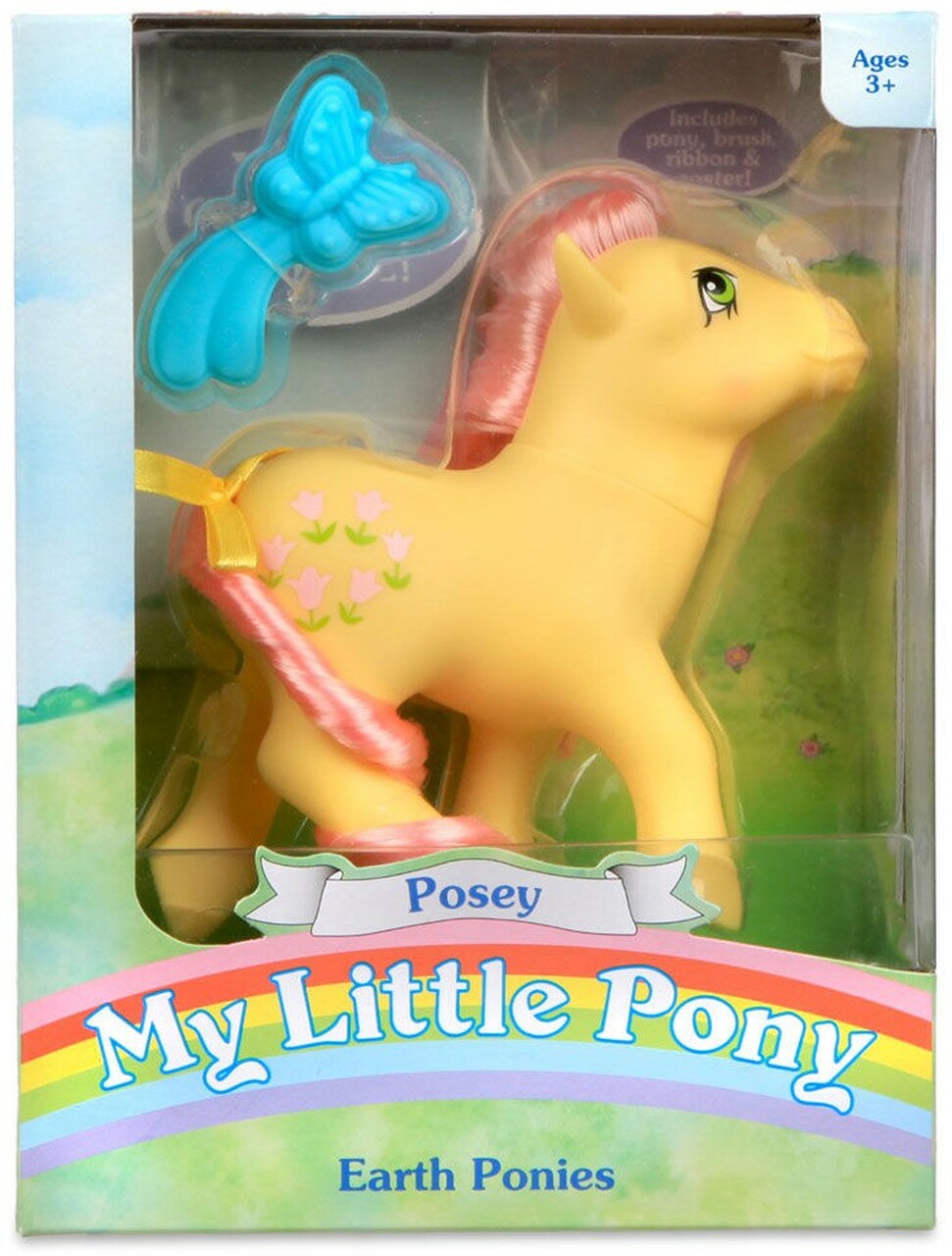 My Little Pony | Earth Pony Posey with yellow body, pink hair, comb, and collectible sticker in original 1980s style packaging.