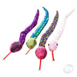 Four colorful Sequin Snake 26in toys with shimmering flip sequins and red forked tongues displayed on white background.