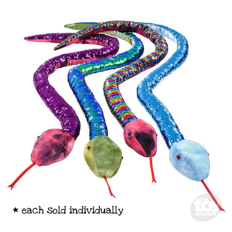 Four colorful Sequin Snake 67in plush toys with shiny flip sequins, each sold individually in assorted colors.