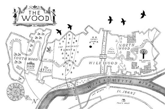 Wildwood #1 map illustration showing South Wood, North Wood, Willamette River, and key locations in the story.